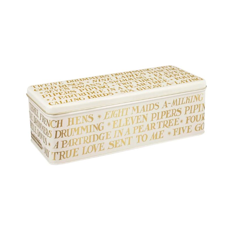 Emma Bridgewater Gold Toast Rectangular Storage Tin featuring metallic gold writing on a cream tin.