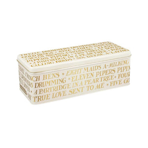 Emma Bridgewater Gold Toast Rectangular Storage Tin featuring metallic gold writing on a cream tin.