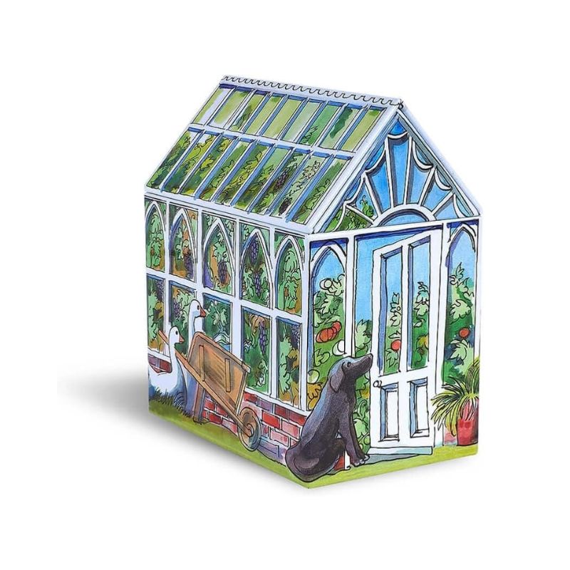 End view of the Emma Bridgewater Greenhouse Tin showing a black down next to an open greenhouse door.