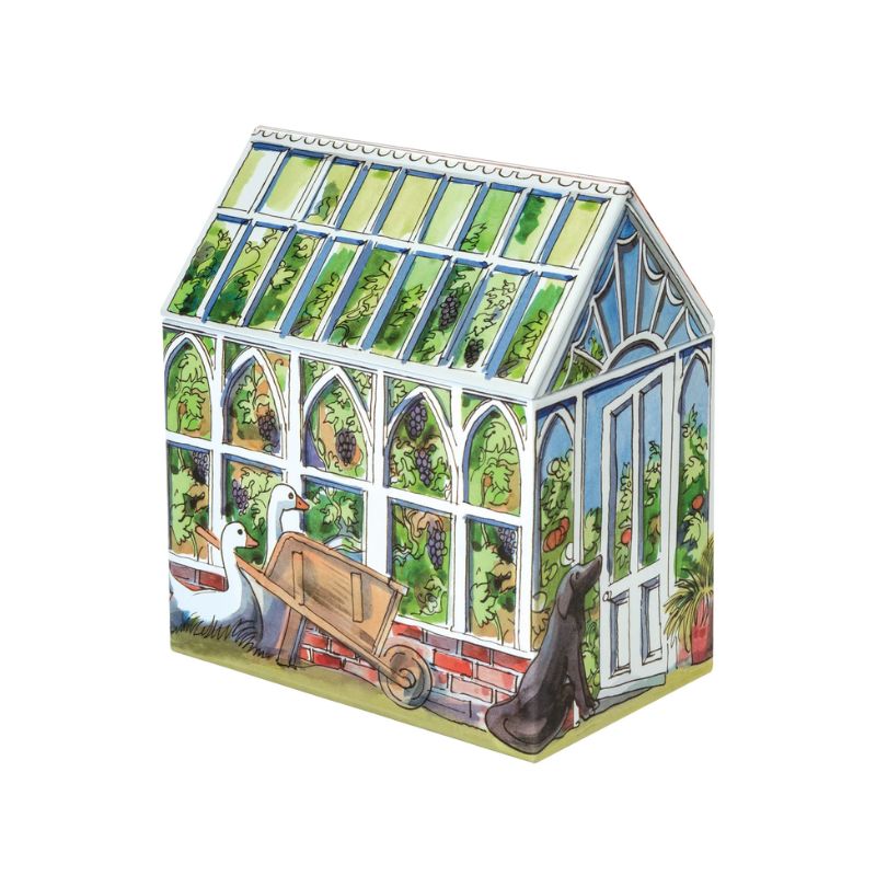 Emma Bridgewater Greenhouse Tin showing ducks and a dog with a greenhouse filled with tomatoes and grapes.