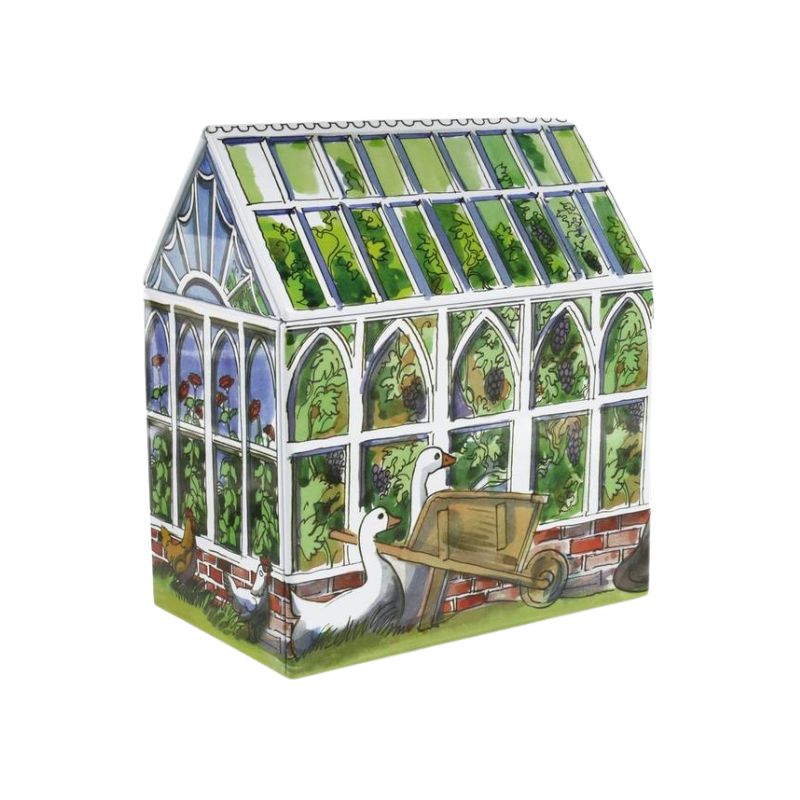 Emma Bridgewater Greenhouse Tin - greenhouse shaped tin showing chickens, ducks and a wheelbarrow with greenhouse behind filled with grapes and flowers.