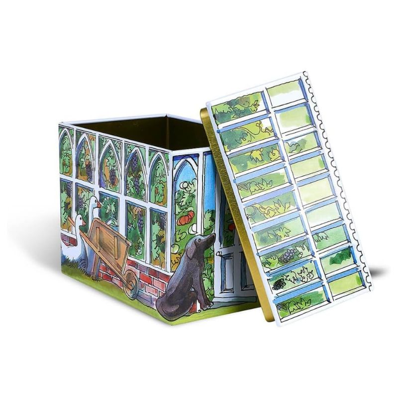 Emma Bridgewater Greenhouse Tin with the roof removed showing easy access to the tin contents.