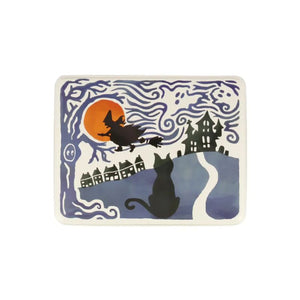 Emma Bridgewater Halloween Witch & Words Biscuit Tin shown front on to show the lid details.