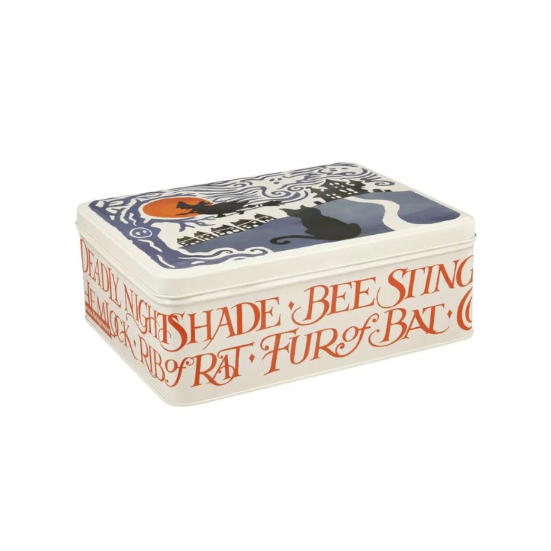 Emma Bridgewater Halloween Witch & Words Biscuit Tin shown against a white background. 