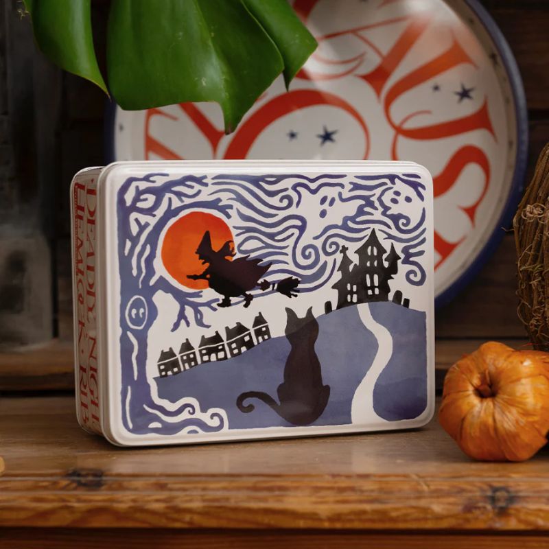 Emma Bridgewater Halloween Witch & Words Biscuit Tin shown against a white background. 