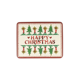 Top view of the Emma Bridgewater Happy Christmas Biscuit Tin with Christmas tree motif and the words Happy Christmas.