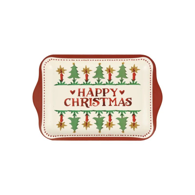 Emma Bridgewater Happy Christmas Small Tin Tray showing a red and green Christmas motif around the words Happy Christmas.