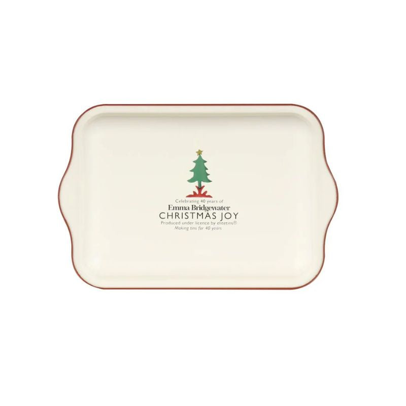 Emma Bridgewater Happy Christmas Small Tin Tray showing a red and green Christmas motif around the words Happy Christmas.