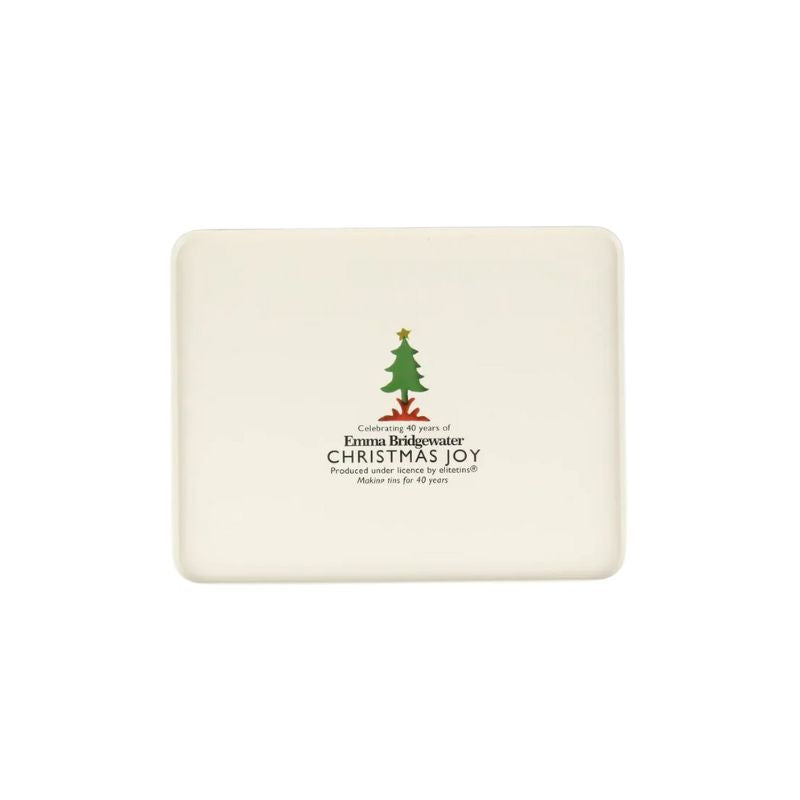 Base of the Emma Bridgewater Happy Christmas Storage Tin with the words Christmas Joy and a Christmas tree.