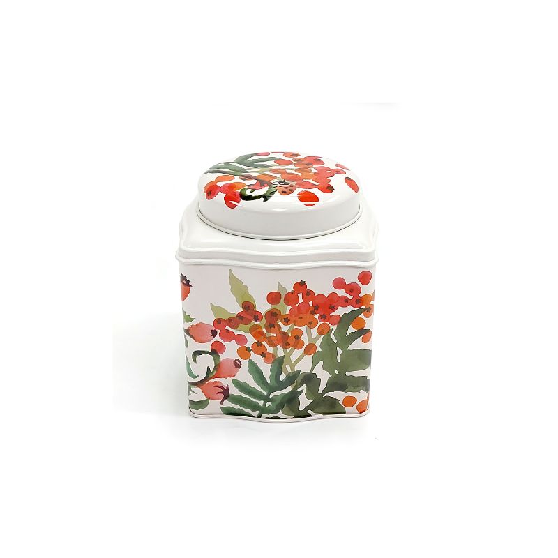 Emma Bridgewater Hedgerow Tea Caddy - decorative tea tin with red berries and florals, featuring wavy sides and dome lid.