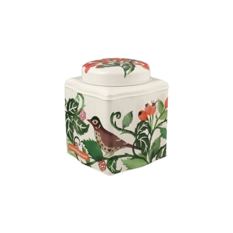 Emma Bridgewater Hedgerow Tea Caddy - decorative tea tin with red berries and florals, featuring wavy sides and dome lid.