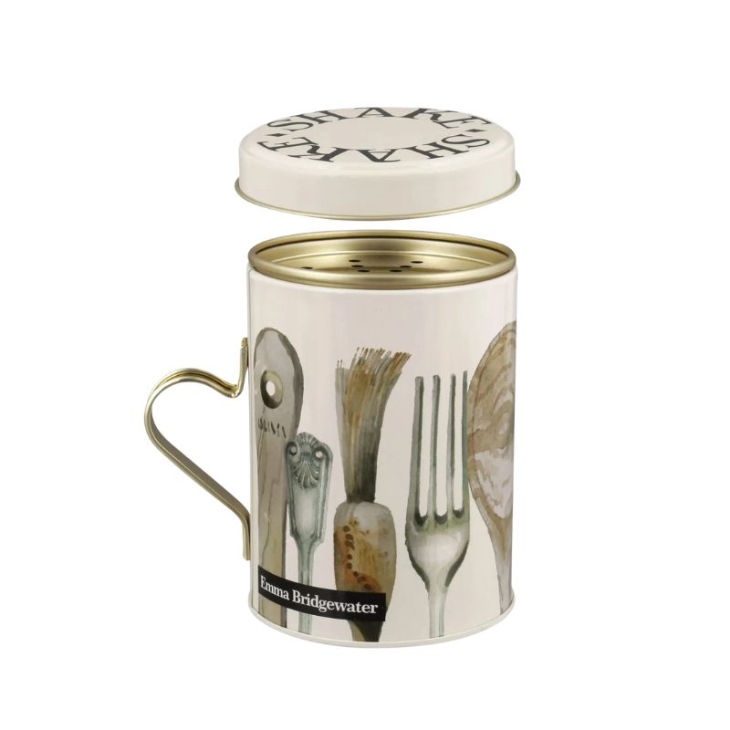 Emma Bridgewater Making & Baking Flour Shaker shown with lid off.