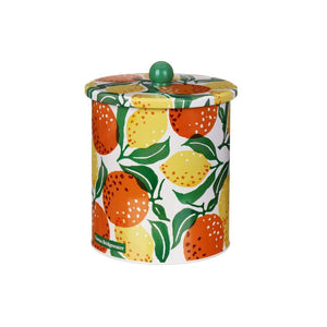 Emma Bridgewater Oranges & Lemons Biscuit Barrel on a white background