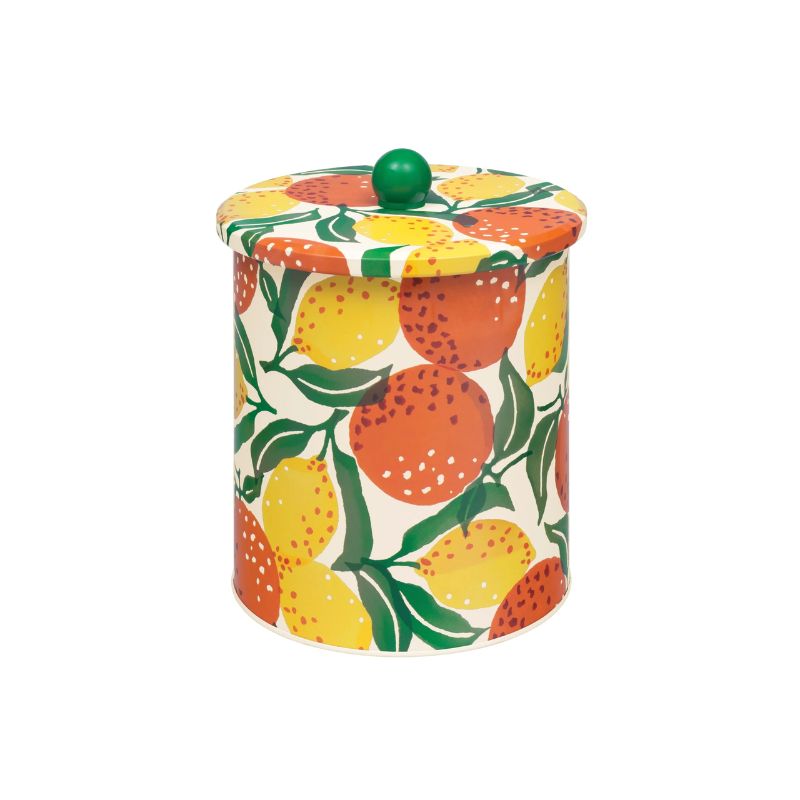 The Emma Bridgewater Oranges & Lemons Biscuit Barrel on a white background