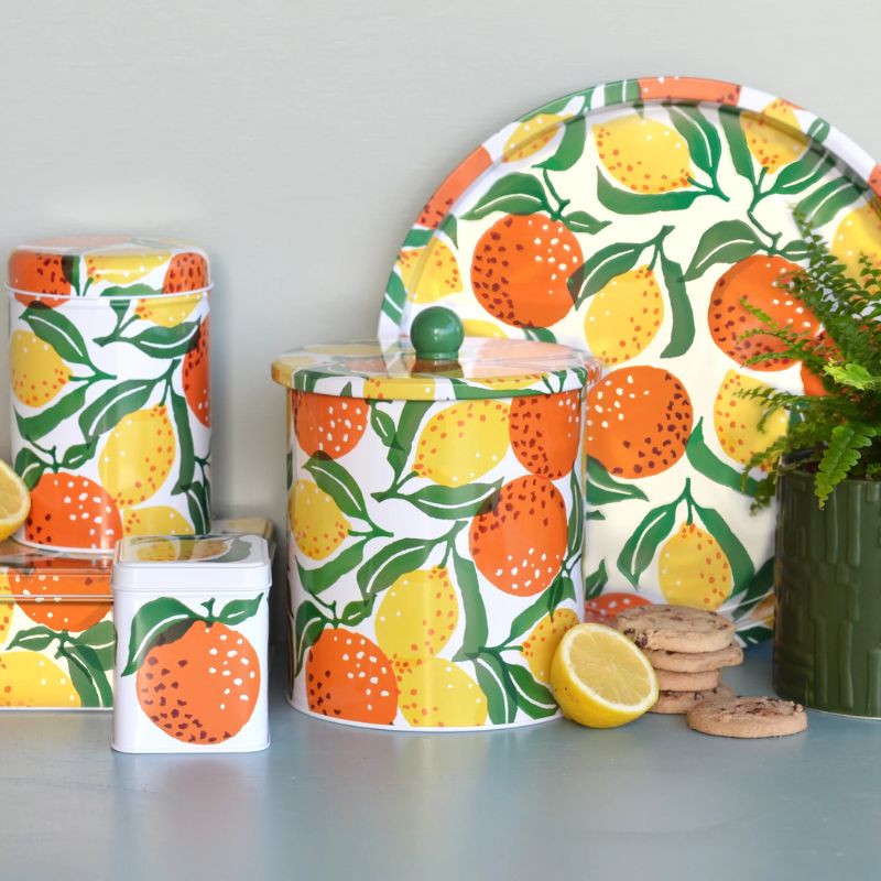 The Emma Bridgewater Oranges & Lemons Biscuit Barrel on a white background