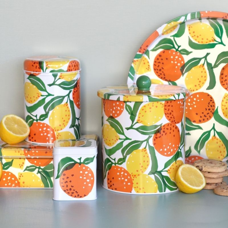 Emma Bridgewater Oranges & Lemons Biscuit Tin shown on a white background.