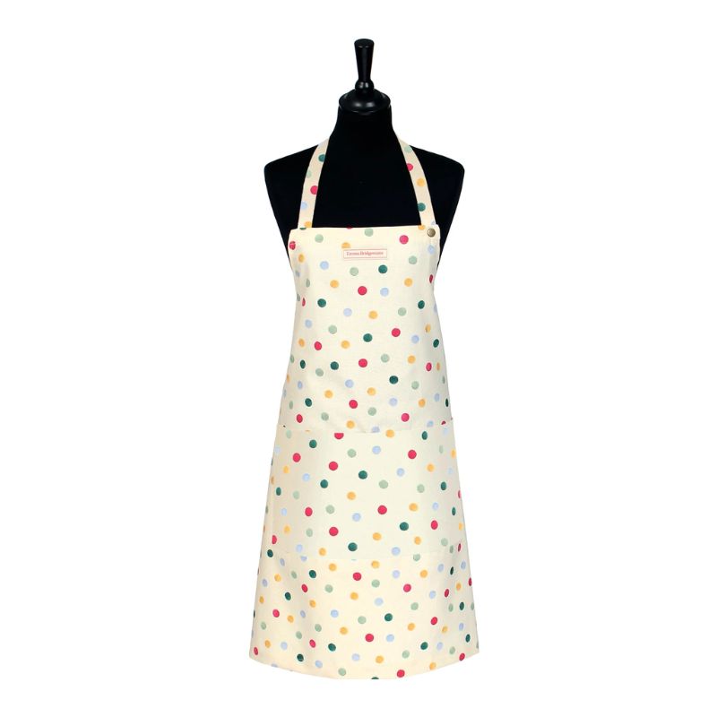 Emma Bridgewater Polka Dot Apron NZ - watercolour polka dot print patter on cream cotton, shown on a mannequin with white background