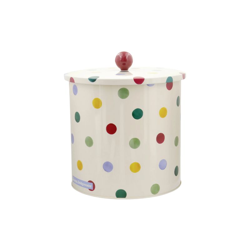 Emma Bridgewater Polka Dot Biscuit Barrel with bright watercolour dots and on cream background
