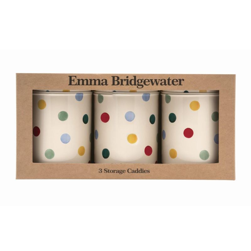 Emma Bridgewater Polka Dot Tin Caddy Set - boxed set of three round storage tins with colourful spots on a cream background.