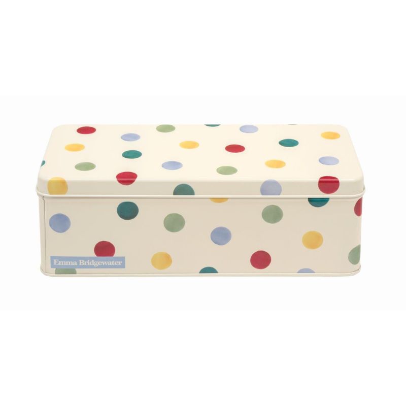 Emma Bridgewater Polka Dot Rectangular Storage Tin - long tin with hinged lid, featuring colourful polka dots on a cream background.