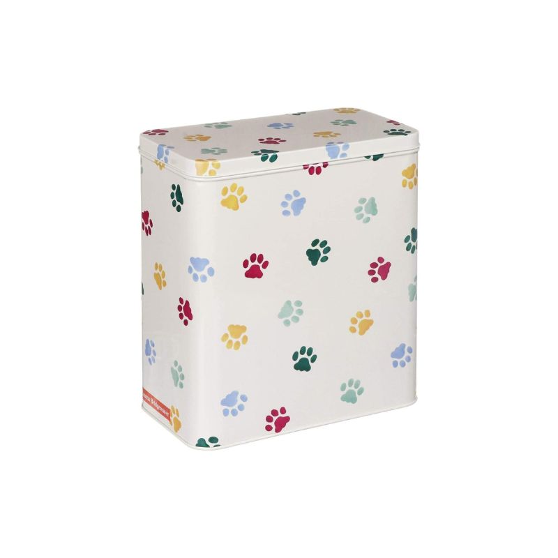 Emma Bridgewater Polka Paws Storage Tin - a cream coloured tin with a colourful dog paw print on it.