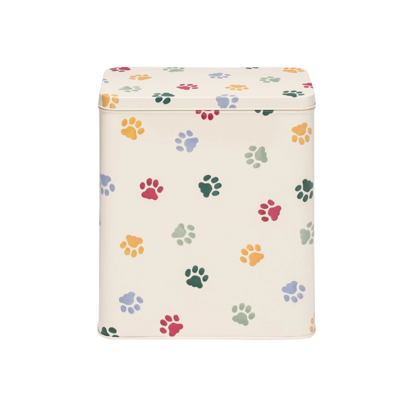 Emma Bridgewater Polka Paws Storage Tin - a cream coloured tin with a colourful dog paw print on it.