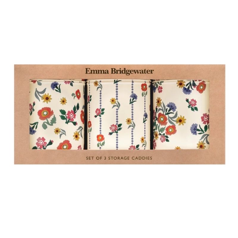 Emma Bridgewater Poppies Tin Caddies set of 3 shown against a white background.