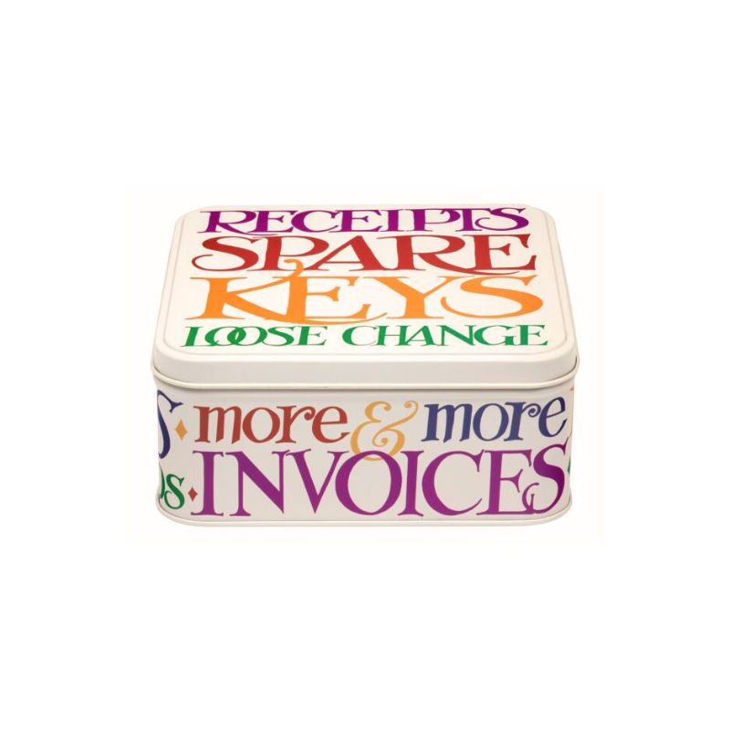 Emma Bridgewater Rainbow Toast Square Storage Tin - cream tin with multicoloured writing.