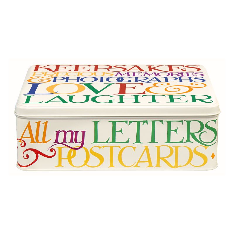 Emma Bridgewater Rainbow Toast XL Storage Tin with multicoloured phrases on the lid and sides.