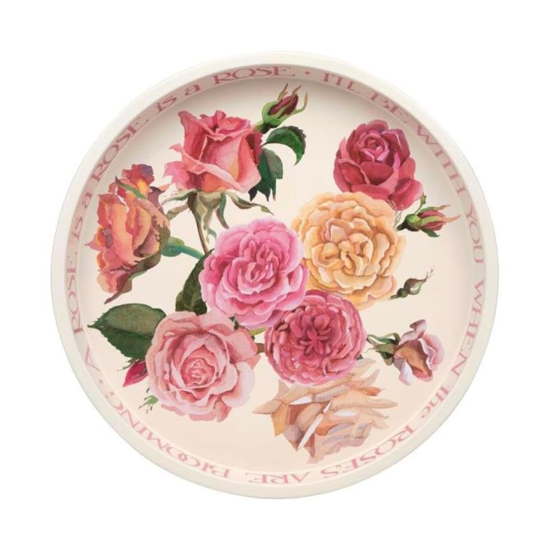 Emma Bridgewater Roses with Words round tin tray featuring illustrated pink and cream roses with decorative script around the rim on a cream background.