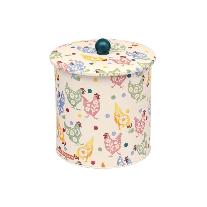 Emma Bridgewater Spring Chickens Biscuit Barrel with polka dot and hen design and green knob on lid.