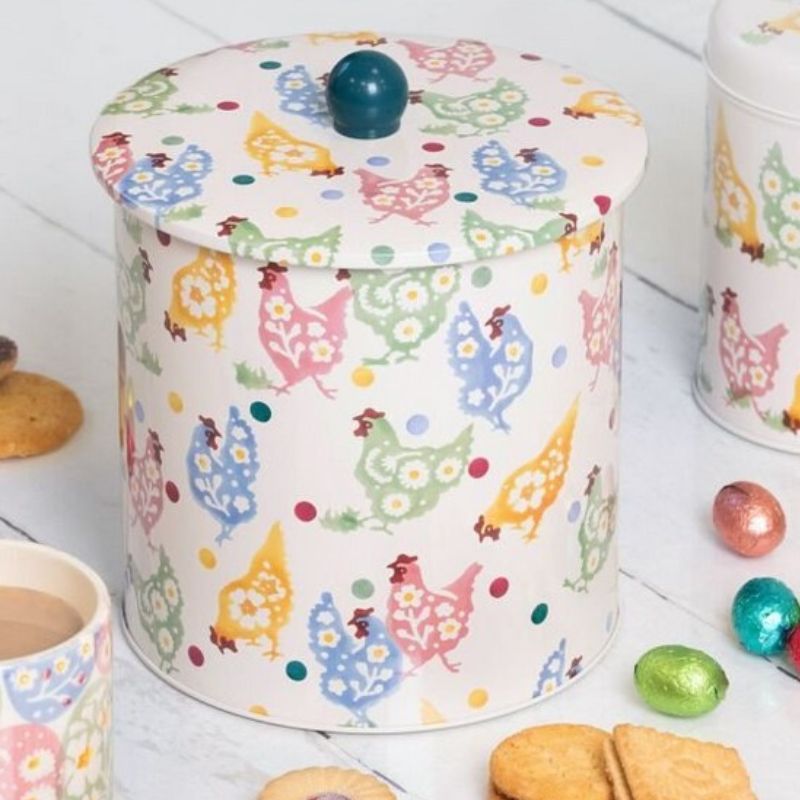 Emma Bridgewater Spring Chickens Biscuit Barrel with polka dot and hen design and green knob on lid.