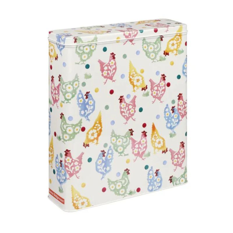 Emma Bridgewater Spring Chickens Cereal Tin - colourful chickens and polka dots on a cream background