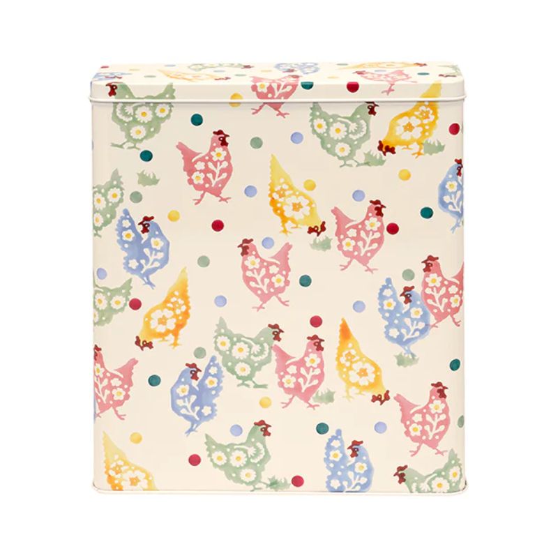 Emma Bridgewater Spring Chickens Cereal Tin - colourful chickens and polka dots on a cream background
