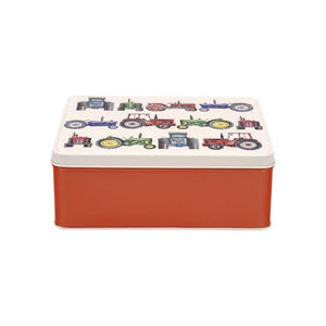 Emma Bridgewater Tractors Biscuit Tin with red base and tractors in different colours and styles on the lid.