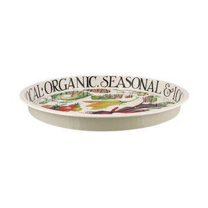 Side view of the Emma Bridgewater Vegetables Tin Tray showing vegetables and black text
