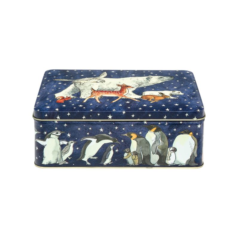 Emma Bridgewater Winter Animals Biscuit Tin featuring penguins, polar bears, a fawn, hare, owl and squirrel.