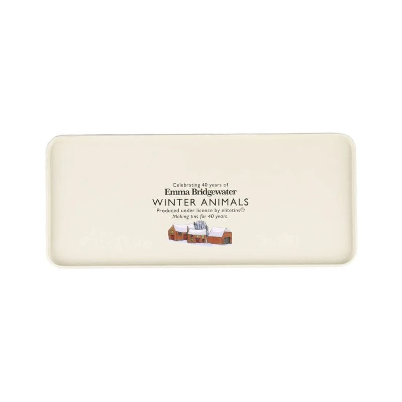 Underside view of the Emma Bridgewater Winter Animals Rectangular Storage Tin - winter farmhouse scene shown.