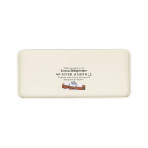 Underside view of the Emma Bridgewater Winter Animals Rectangular Storage Tin - winter farmhouse scene shown.