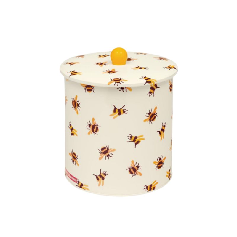 Emma Bridgewater Yellow Winged Bumblebee Biscuit Barrel featuring a scattered bee pattern and yellow knob handle on the lid.