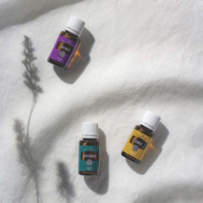 Young Living Lavender, Lemon, and Peppermint essential oils in 15 mL bottles - Everyday Essentials bundle.