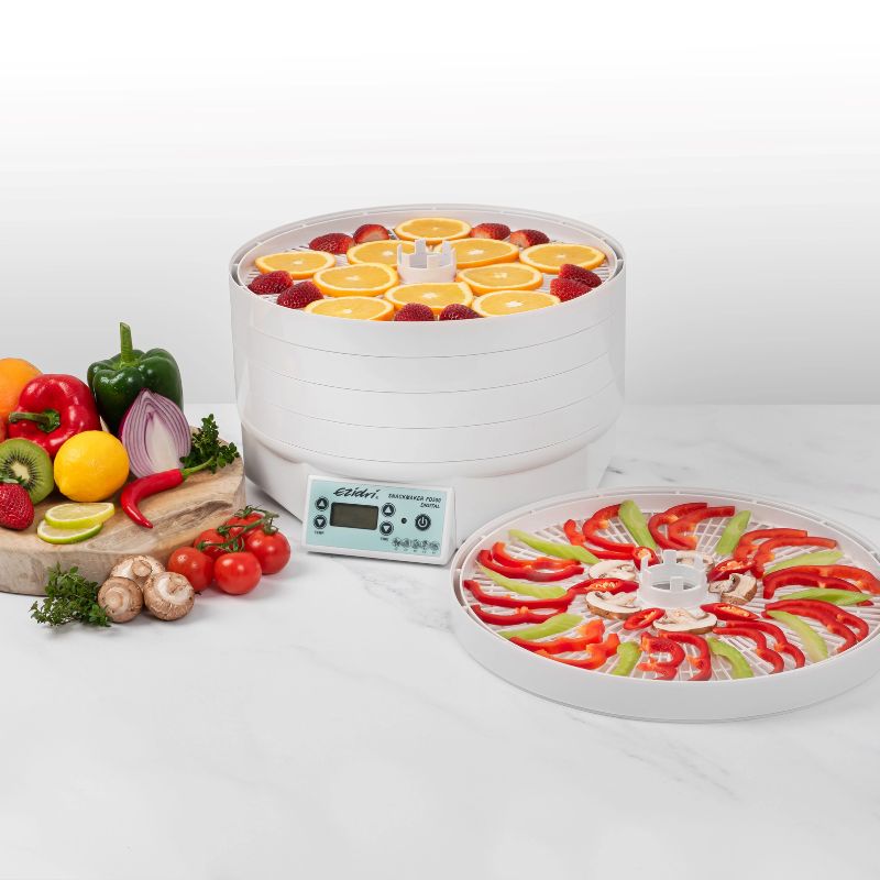 Ezidri Snackmaker FD500 Digital Dehydrator with fresh produce and filled trays - dehydrating fruits and vegetables