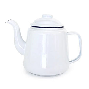 Falcon Enamel Teapot - White with Blue Rim on a white background.