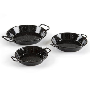 Garcima Spanish Enamel Tapas Dishes in three sizes on a white background.