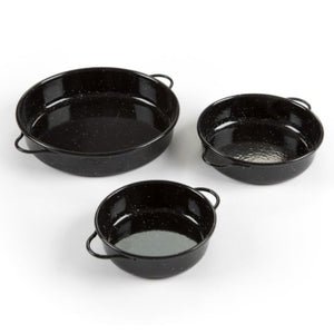 Three Garcima Straight-Sided Enamel Cazuelas in different sizes shown against a white background.