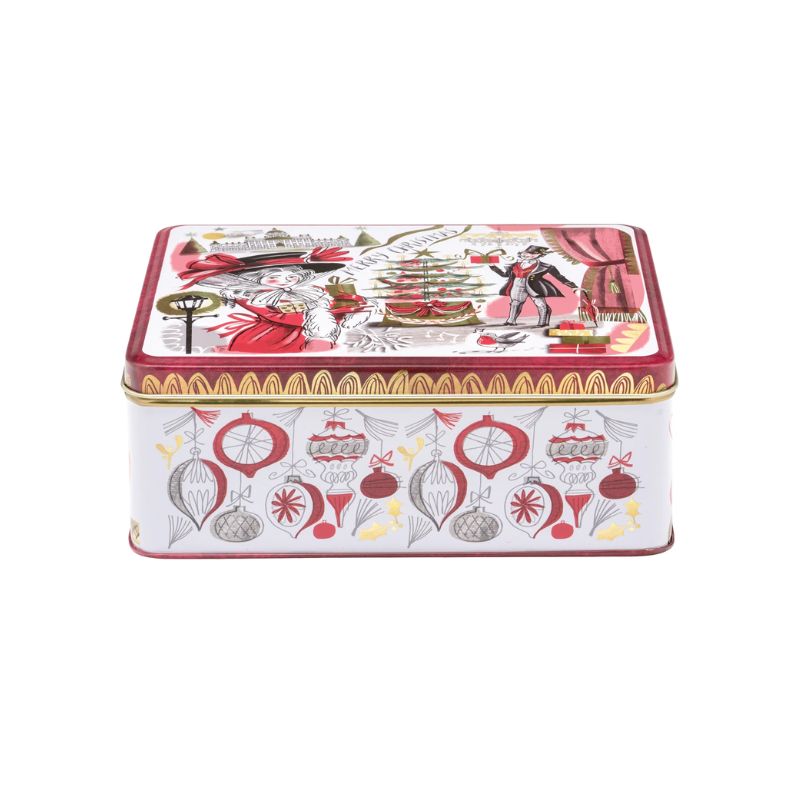 Gillian Martin Merry Christmas Biscuit Tin - vintage, retro scene on lid with bauble design around the sides.