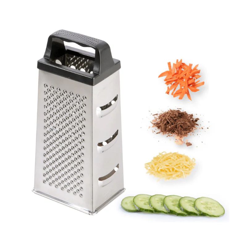 Westmark stainless steel 4-sided box grater with black plastic handle, front view.