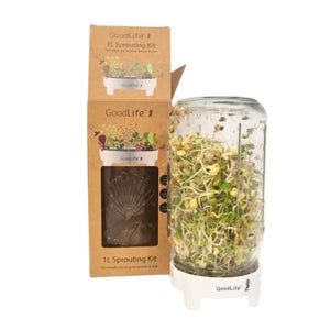 GoodLife 1L Sprouting Kit with sprouts in a jar on a white background