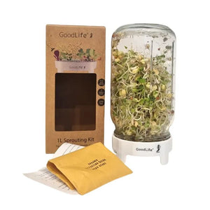 GoodLife sprouting kit gift set with sprouts in a jar, packaging, and cleaning cloth on a white background