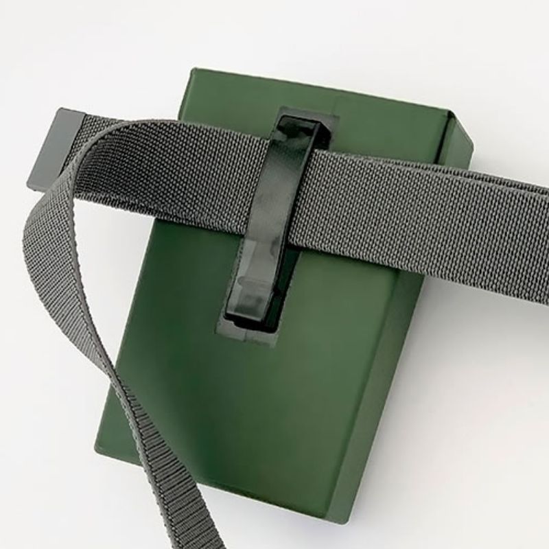 The removable pocket from the Hachiman Garden Tool Bag shown with a belt through the clip